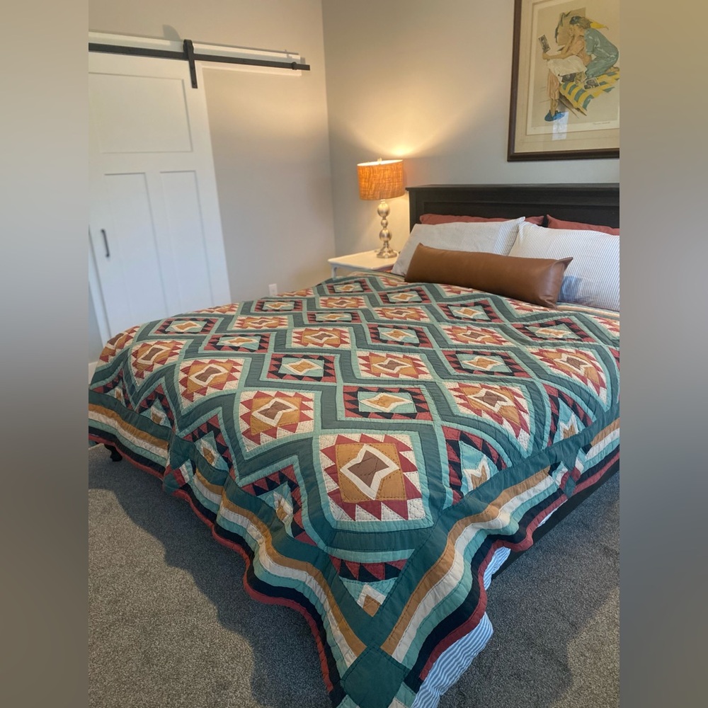 Geometric Patchwork Quilt Bedspread in Teal and Rust Western 85”/101” approx